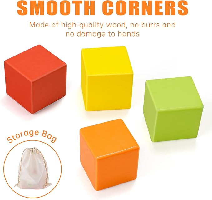 Wooden Cube Toy 16PCS Building Blocks for Kids 40 Pattern Cards and Storage Pouch, 4 Colors 3D Space Stacking Game STEM Educational Preschool Learning Sensory Toy Counting Math Color Cognition