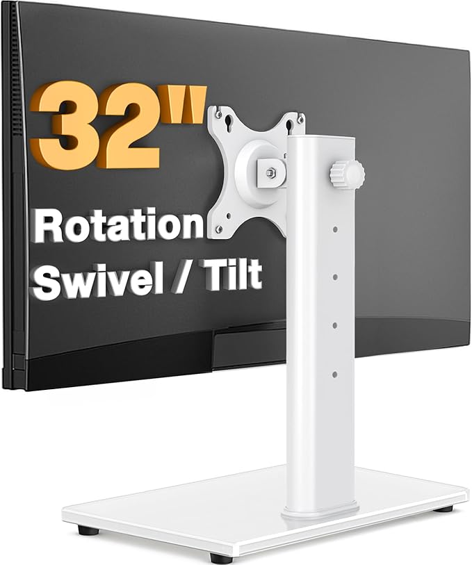 TAVR Furniture Single Monitor Stand VESA Mount for 13-32 Inch Screens, Free-Standing Monitor Riser with Swivel Tilt Rotation Height Adjustable, Universal Desk Stand up to 44lbs, White