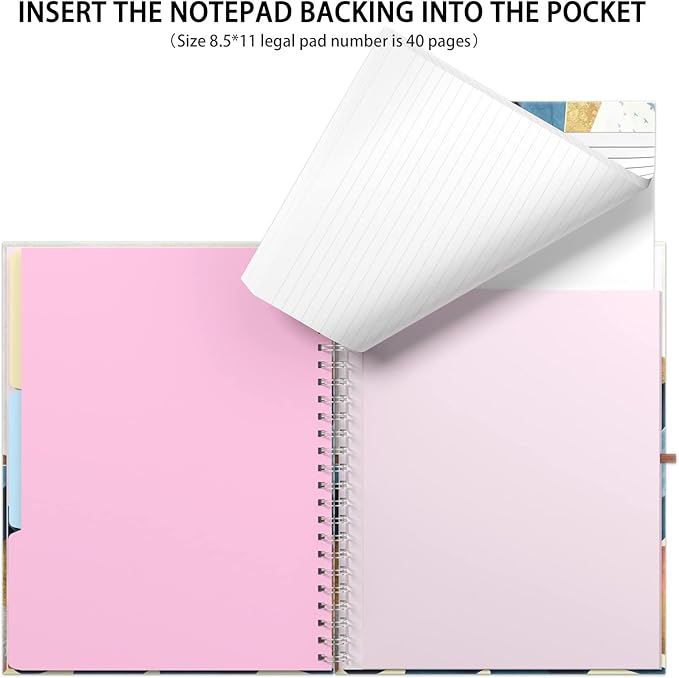 Rimilak Spiral Clipboard Folio with Refillable Lined Notepad, 14.5 x 9.8 In, Hardcover Cover with 5 Interior Pockets, Elastic Band and Pen Loop Series. Cute Stylish Clipfolio, Watercolor Sunset