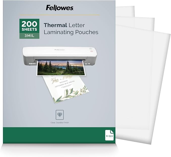 Fellowes Thermal Laminating Sheets, 3mil Letter Size Pouches, 9 x 11.5, 200 Pack, Clear (5743401)