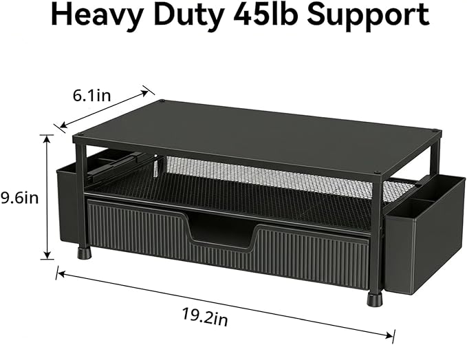 Desk Organizer and Accessories, 2-Tier Computer Monitor Stand Rise with Storage Drawer & 2 Pen Holders, Laptop & Printer Stand for Desktop, Workspace Organizers for Office Supplies (Black)