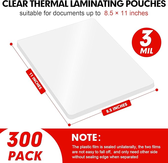 Laminating Sheets, 300 Pack Clear Thermal Laminating Plastic Paper Laminator Sheets, 9 x 11.5-Inch, 3mil, Ideal Office or School Supplies