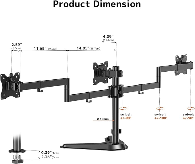 Triple Monitor Stand, Heavy Fully Adjustable Motion Mount Fits 3 Screens up to 27 inche, Free Standing Desk Stand with Base and Cable Management, 22 lbs Weight Capacity per Arm, Black