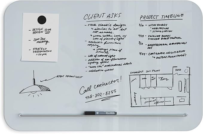 U Brands Magnetic Glass Dry-Erase Board with Floating Tray, 36" X 24", Frameless (4847U00-01)