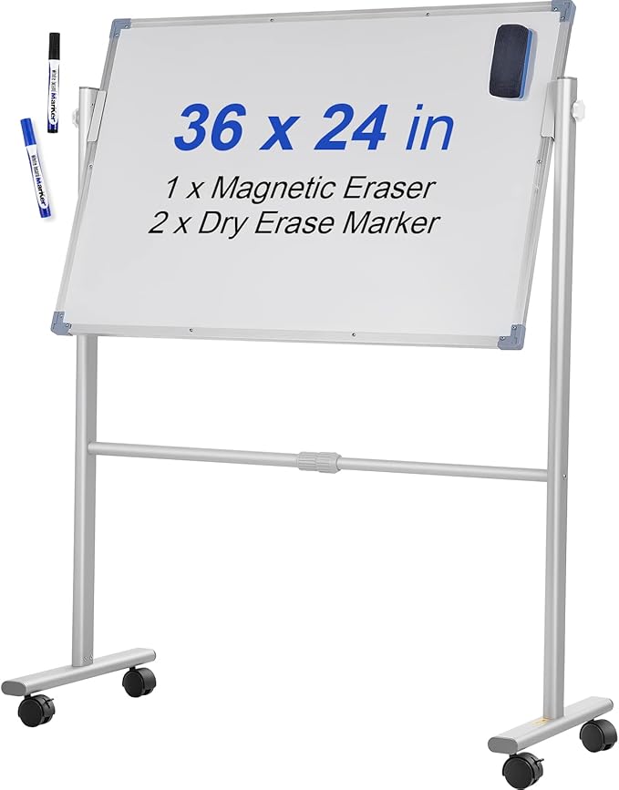 VEVOR Mobile Magnetic Whiteboard, 36 x 24 Inch, Double Sided, 360 Degree Reversible Rolling Dry Erase Board, Height Adjustable with Aluminum Frame and Lockable Swivel Wheels, for Office School Home