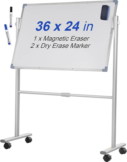 VEVOR Mobile Magnetic Whiteboard, 36 x 24 Inch, Double Sided, 360 Degree Reversible Rolling Dry Erase Board, Height Adjustable with Aluminum Frame and Lockable Swivel Wheels, for Office School Home