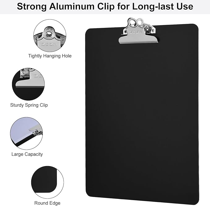 ZCZN Metal Clipboard, 6 Pack Heavy Duty Aluminum Clipboards 12 x 9 Inches, A4 Letter Sizer Document Holder with High Capacity Clip, Suitable for School, Office, Jobsite or Medical Staff, Black