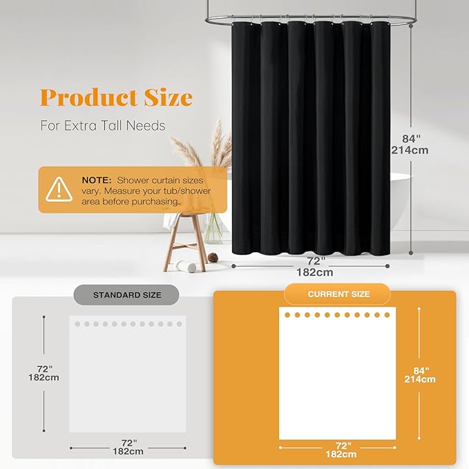 BTTN Extra Long Shower Curtain - 84 Inch Long Linen Textured Weighted Fabric Shower Curtain Set with 12 Plastic Hooks, Hotel Luxury Decorative Curtains for Bathroom Showers and Bathtubs - 72x84, Black