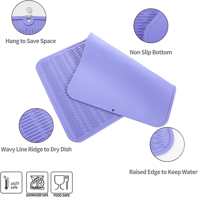 Silicone Dish Drying Mat for Multiple Usage,Easy clean,Eco-friendly,Heat-resistant Silicone Mat for Kitchen Counter or Sink,Refrigerator or Drawer Liner Light Purple 3XL 28 inches x 18 inches