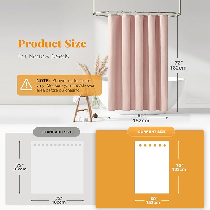 BTTN Fabric Shower Curtain, Linen Textured Heavy Duty Polyester Cloth Shower Curtain Set with Plastic Hooks, Blush, 60x72