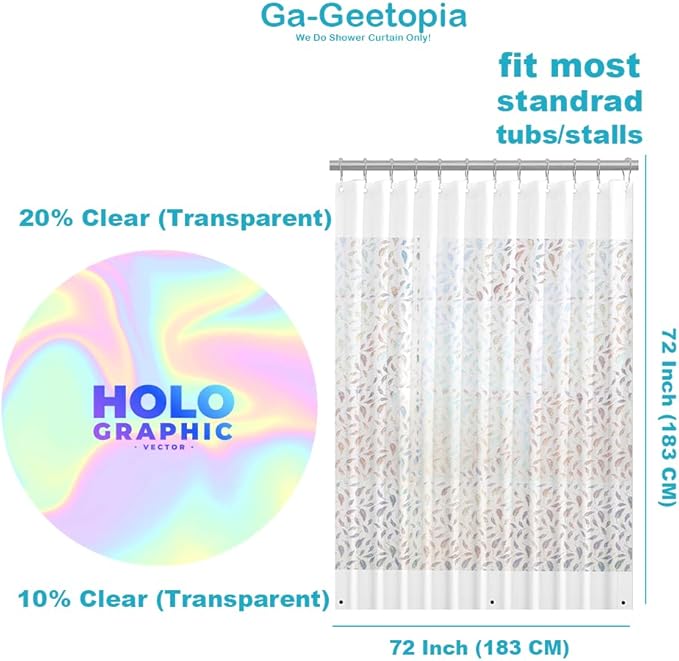 Holographic 3D EVA Shower Curtain Liner Glitter Feather, 72x72 Premium Clear Plastic Bathroom Shower Curtain with Rustproof Metal Grommets for Shower Stall, Bathtubs