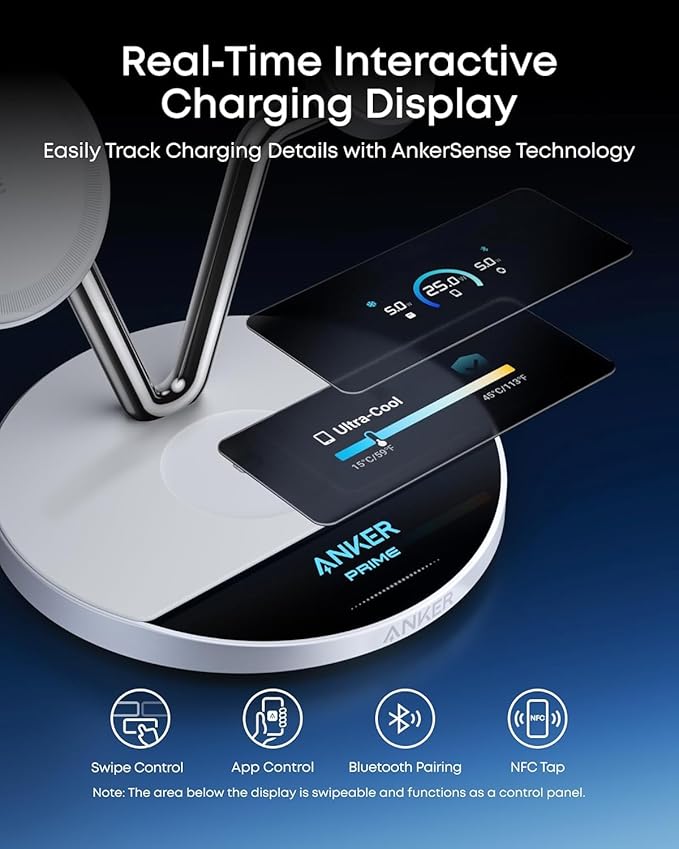 Anker Prime MagSafe Charger Compatible, 3-in-1 Charging Station, Qi2 25W Certified Wireless Charger Dock Stand, Smart Display with TEC Active Cooling, for iPhone 17, Apple Watch, AirPods (White)