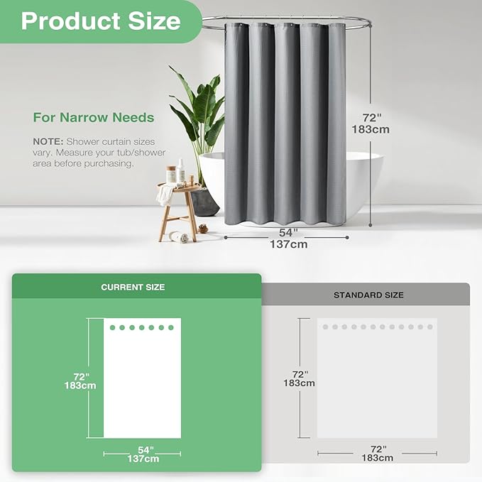 Dynamene Stall Fabric Shower Curtain - 54 inch Wide Waffle Weave Weighted Thick Cloth Shower Curtains for Bathroom, Heavy Duty Hotel Spa Luxury Bath Curtain Set with 10 Hooks, 54x72, Grey/Gray
