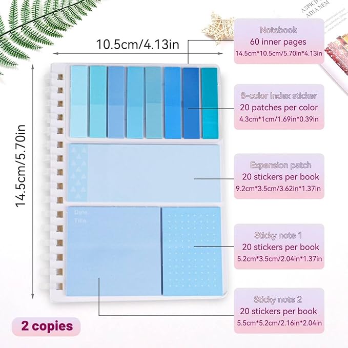 2 Pack Multi-Functional Sticky Note Set with Bible Tabs 440 Transparent Post it Notes 120 Page Notebook for Bible Study Office Supplies (Blue)