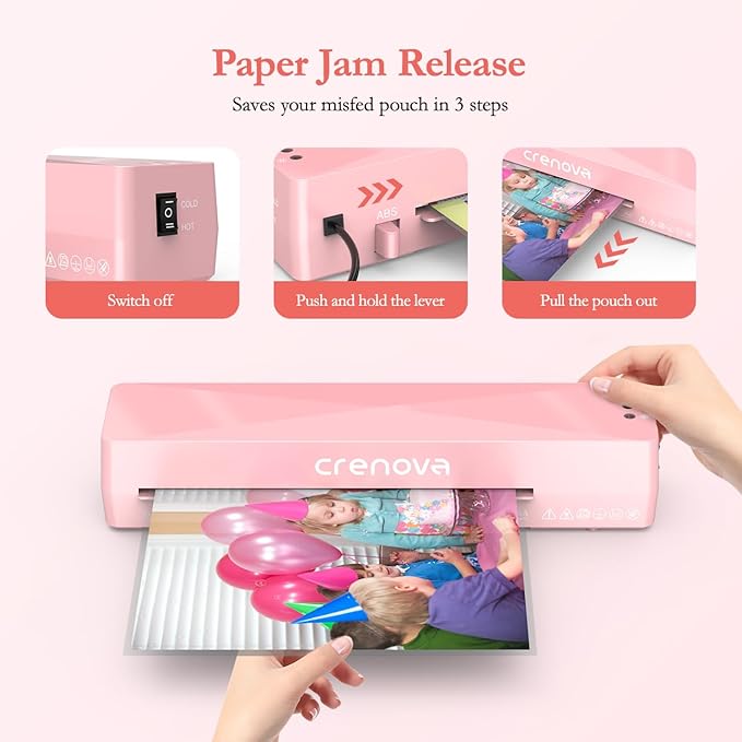 Crenova A4 Laminator Machine 4 in 1 Personal Desktop Hot & Cold with 10 Laminating Pouches No Bubbles 9 Inch Thermal Laminator for Home Office School Business Use Pink