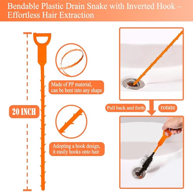 63 Inch Drain Snake Hair Drain Clog Remover Tool, Flexible Sink Snake Drain Cleaner Tool Set, Plumbing Snake for Toilet Sewer Shower Kitchen Bathroom Tub Clogged Hair Removal Cleaning Tool Set