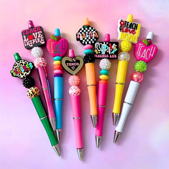 8PC Teacher Beaded Pens Ballpoint Black Pen Set Assorted Cute Stylish Colorful Writing Kit Office Supply Bulk Accessory Pack Gift Bundle Stationery Supplies for Women Teach Love Inspire Appreciation