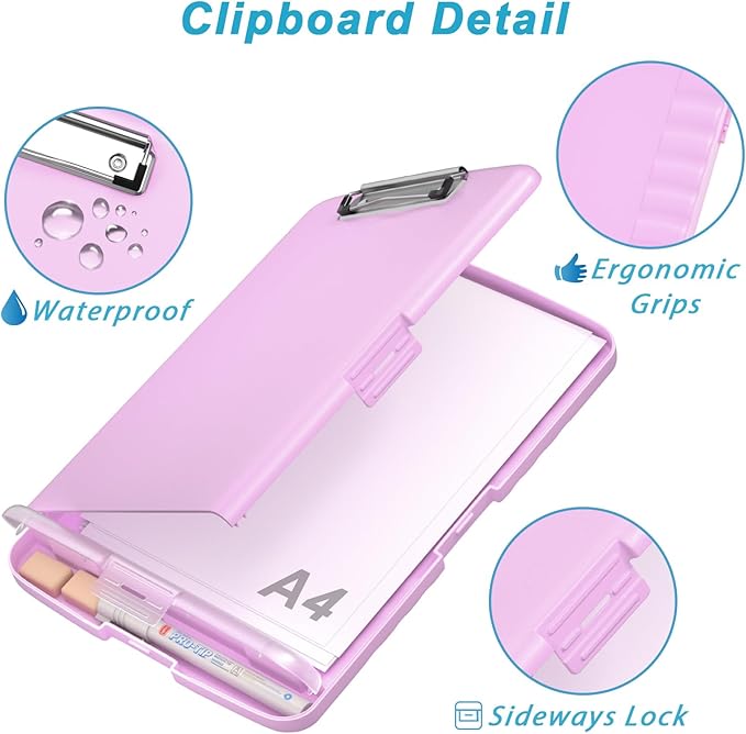 Rimilak Plastic Clipboard with Storage, 8.5 x 11 High Capacity Folio Nursing Case with Pen Holder, Size 14.2 x 9.6 x 1.2″ Folder Side-Opening for Classroom, Teacher, Smooth Writing, Pale Pink
