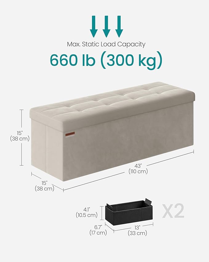 SONGMICS Mazie Collection - Storage Ottoman Bench, Foldable Foot Rest, 15 x 43 x 15 Inches, End of Bed Bench, Storage Chest, Load 660 lb, Living Room, Bedroom, Entryway, Cream White ULSF277W01