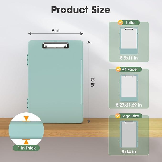 Legal Size Clipboard with Storage, High Capacity 8.5 x 14 Clip Board for Lawers, Folio & Side-Opening, Size 15 x 10 x 1.2 in, Green