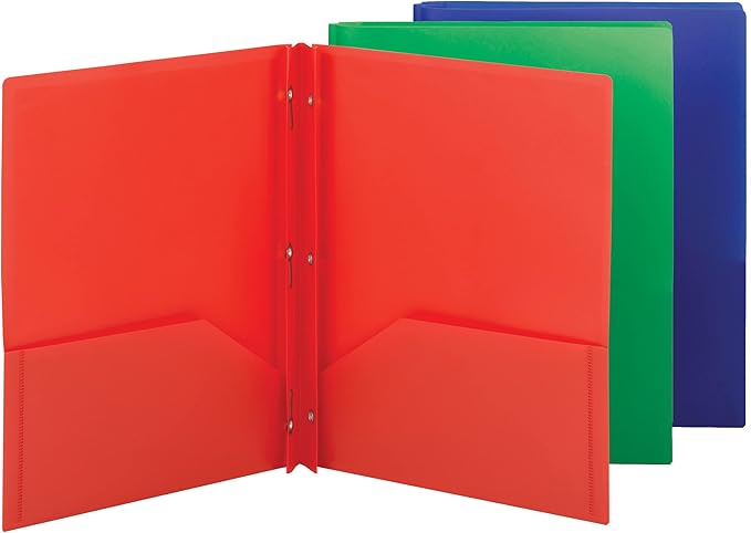 Smead Poly Two-Pocket Folder with Tang Style Fasteners, Letter Size, Assorted Colors, 6 per Pack (87745)