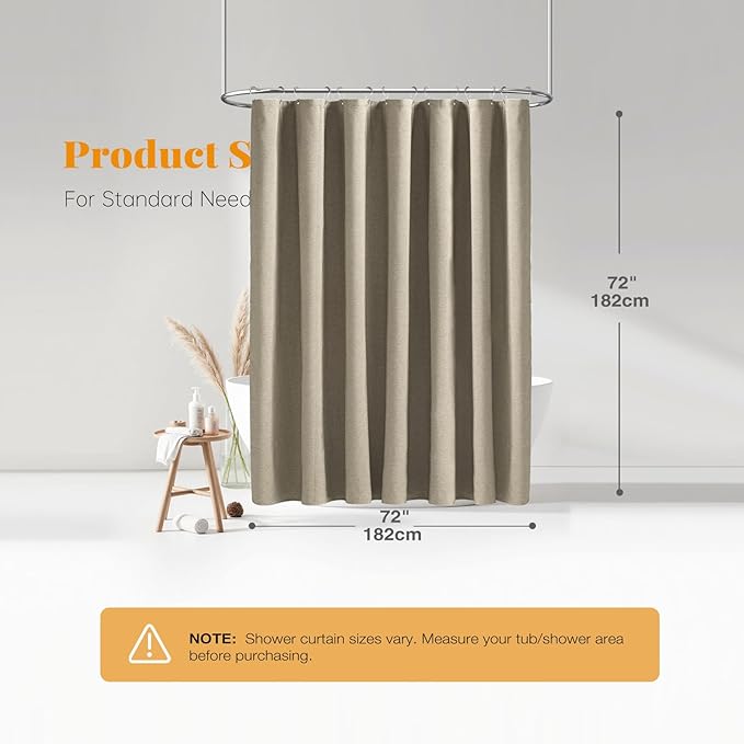 BTTN Fabric Shower Curtain - Linen Textured Weighted Cloth Shower Curtain Set with 12 Plastic Hooks, Hotel Spa Luxury Neutral Decorative Bath Curtains for Bathroom, Machine Washable - 72x72, Khaki/Tan