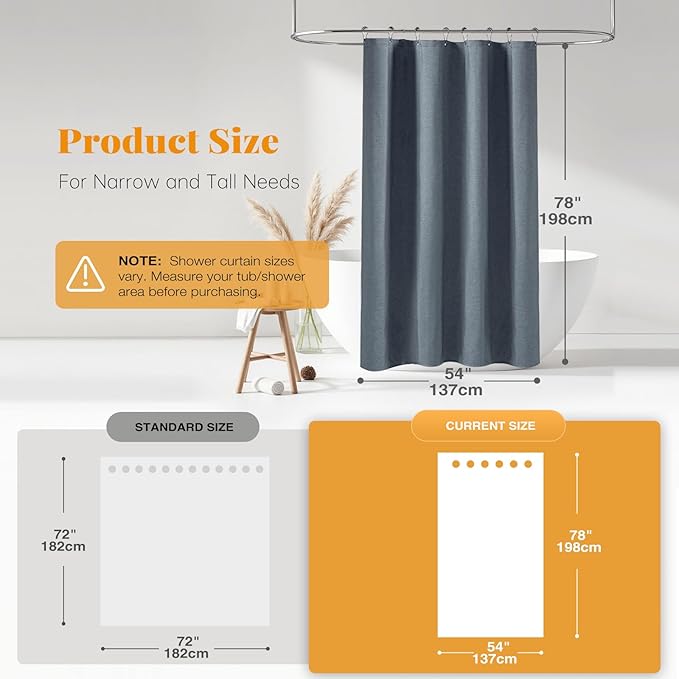 BTTN Stall Fabric Shower Curtain - 54x78 Inch Long Linen Textured Heavy Duty Thick Shower Curtain Set with 10 Plastic Hook, Hotel Spa Weighted Waterproof Neutral Bath Curtains for Bathroom - Blue Gray
