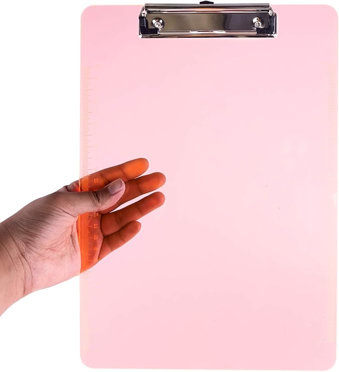 Super Z Outlet Slim Plastic Transparent Thin Lightweight Colorful Fun Clipboard with Ruler Measurements, Hanging Hook for Portable Classroom Children Teacher College Size (9" x 12.5") (6 Pack)