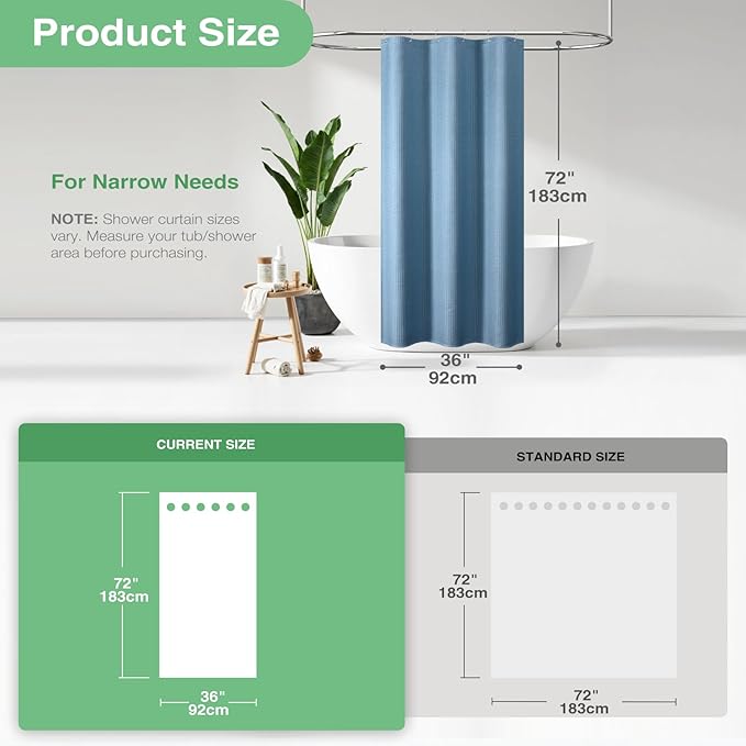 Dynamene Stall Fabric Shower Curtain - 36x72 Waffle Weave Weighted Cloth Shower Curtains for Bathroom, Neutral Heavy Duty Hotel Spa Luxury Bath Curtain Set with 6 Plastic Hooks, Moonlight Blue
