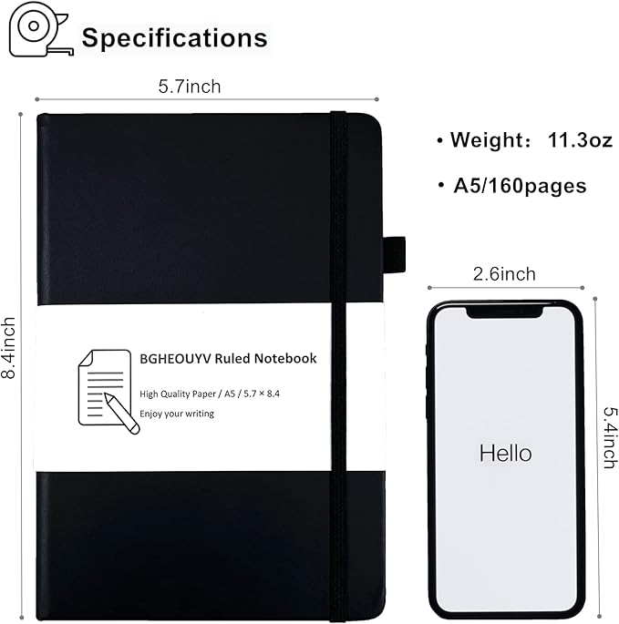 Notebook Journal, College Ruled Notebook Lined A5 160 Pages,Hard Cover Journals for Writing, Notebooks for Work Office School Women Men,5.7 inches x 8.4 inches(Black)