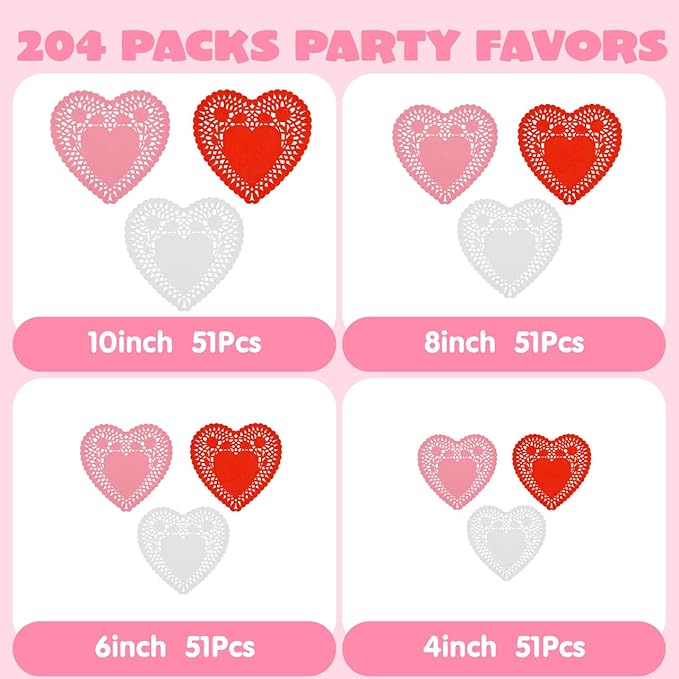 JOYIN 204 PCS Valentines Day Heart Doilies, Tableware Decoration, Home Activitie, Kitchen Disposable Table Doilies, Red White Pink Heart Crafts