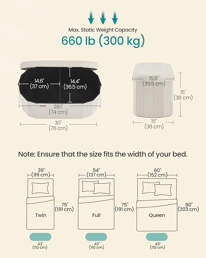 SONGMICS Mazie Collection - Folding Ottoman with Storage, Oval Storage Ottoman Bench, for Living Room, Bedroom, Velvet Fabric, 15 x 30 x 15 Inches, Cream White ULSF267LH01