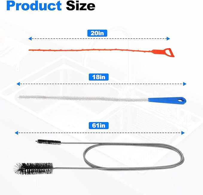 P Trap Cleaner,3 IN 1 P Trap Brush for Shower Kitchen Sink Bath Tub Bathroom,Including 20 Inch Snake Clog Remover,61 Inch Flexible Wire Brush,18 Incn All Bristle Brush