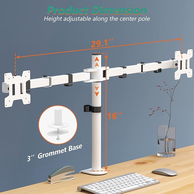 Mount Stand Fits 2 Screens up to 27 inch, 22 lbs. Weight Capacity per Arm (M002-W), White
