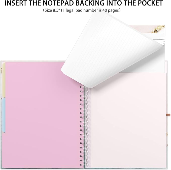 Rimilak Spiral Clipboard Folio with Refillable Lined Notepad, 14.5 x 9.8 In, Hardcover Cover with 5 Interior Pockets, Elastic Band and Pen Loop Series. Cute Stylish Clipfolio, Pink Gold Marble