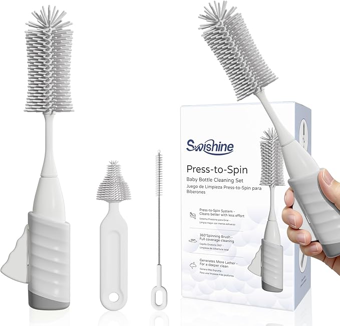 Bottle Brush Set, Innovative Efficient Press-to-Spin Brush Cleaner - Includes Silicone Baby Bottle Brush, Nipple Brush, Straw Cleaner - Spinning Generates Rich Foam for Deep Cleaning, Gray