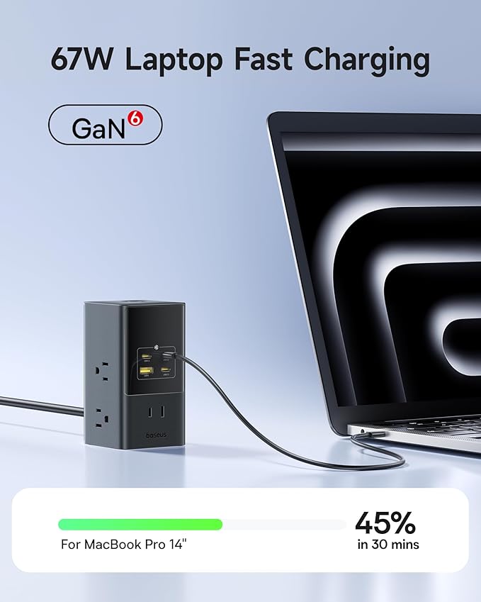 Baseus Charging Station 67W, 10-in-1 USB-C PD Fast Charging Desktop Charger with 1200J Surge Protection and Baseus USBC to USBC Cable, 100W Retractable USB C 5A Fast Charging Cable