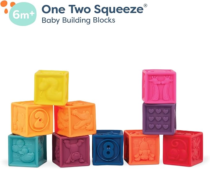 B. toys – Baby Blocks – Stacking & Building Toys for Babies – 10 Soft & Educational Blocks – Numbers, Shapes, Colors, Animals – One Two Squeeze – 6+ Months