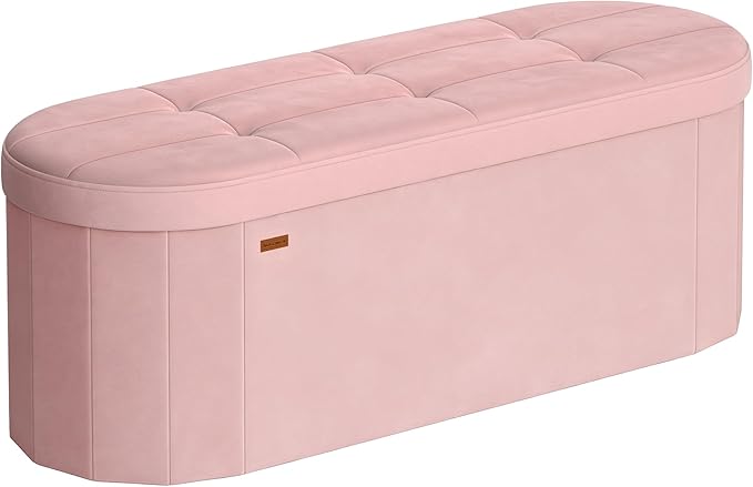 SONGMICS Mazie Collection - Folding Ottoman with Storage, Oval Storage Ottoman Bench, for Living Room, Bedroom, Velvet Fabric, 15 x 43 x 15 Inches, Jelly Pink ULSF297SA01