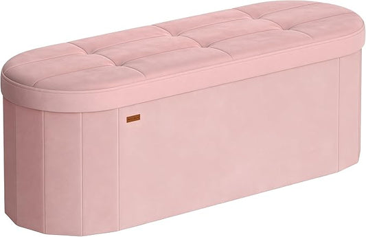 SONGMICS Mazie Collection - Folding Ottoman with Storage, Oval Storage Ottoman Bench, for Living Room, Bedroom, Velvet Fabric, 15 x 43 x 15 Inches, Jelly Pink ULSF297SA01