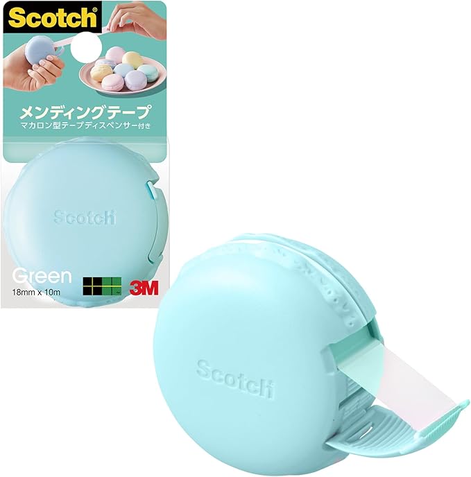 3M MCR-GR Scotch Mending Tape, Macaron Shape, Tape Dispenser, Green, 0.7 in x 98.4 ft (18 mm x 30 m)