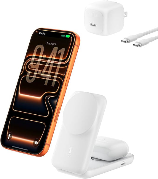 Belkin MagSafe Charger Compatible, 2-in-1 Charging Station, Qi2.2 25W Magnetic Wireless Charger Dock, Foldable Stand, with 5W USB-C Port, for iPhone 17/16/15, Pixel 10, AirPods (45W Adapter Included)