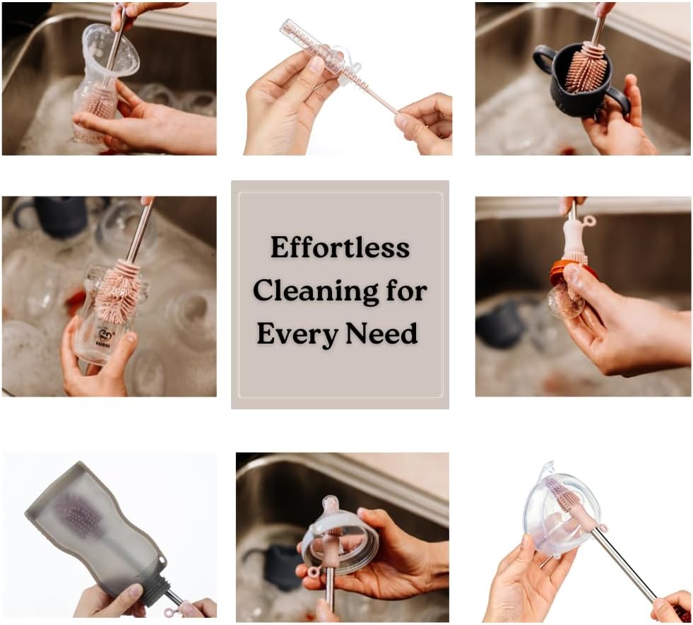 Haakaa Silicone Cleaning Brush Kit – Household Cleaning Brushes for Bottles and Crevices – Food-Grade Silicone: Dishwasher Safe (Kit-Grey)