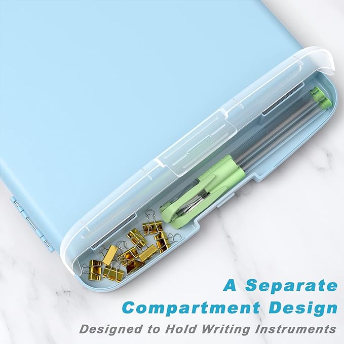 Rimilak Plastic Clipboard with Storage, 8.5 x 11 High Capacity Folio Nursing Case with Pen Holder, Size 14.2 x 9.6 x 1.2″ Folder Side-Opening for Classroom, Teacher, Smooth Writing, Light Blue