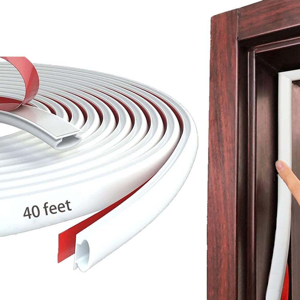 White Rubber Weather Stripping Door Seal Strip, D Shape Door Rubber Weather Seal Strip, SelfAdhesive Door Weatherstripping Soundproofing Door Sealing Strip for Windows (40 feet, White)