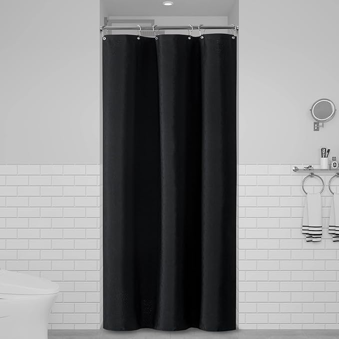 BTTN Stall Fabric Shower Curtain - 36x72 Inch Narrow Linen Textured Weighed Cloth Shower Curtain Set with 6 Plastic Hooks, Small Hotel Spa Luxury Neutral Decorative Bath Curtains for Bathroom - Black