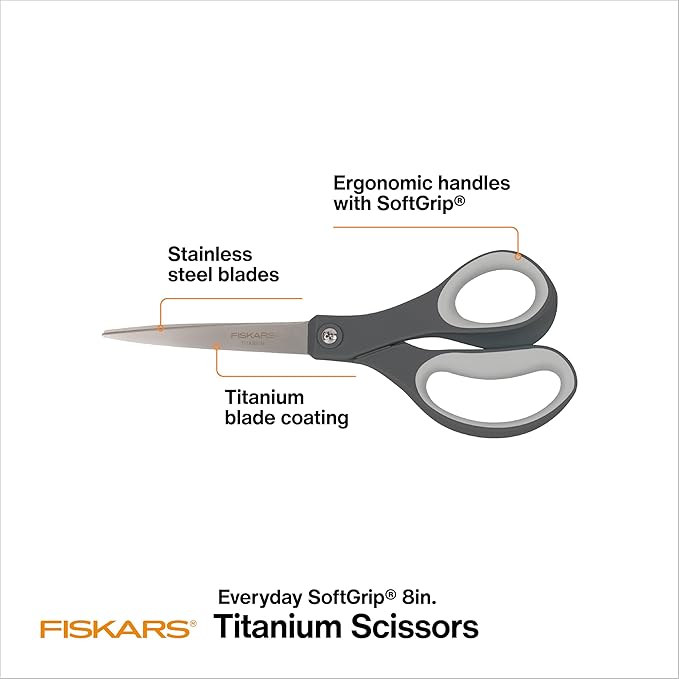 Fiskars 8” Everyday Titanium Comfort Grip Scissors (2-Pack), Home & Office Scissors for Cutting Paper, Cardboard, Photos and More, Gray