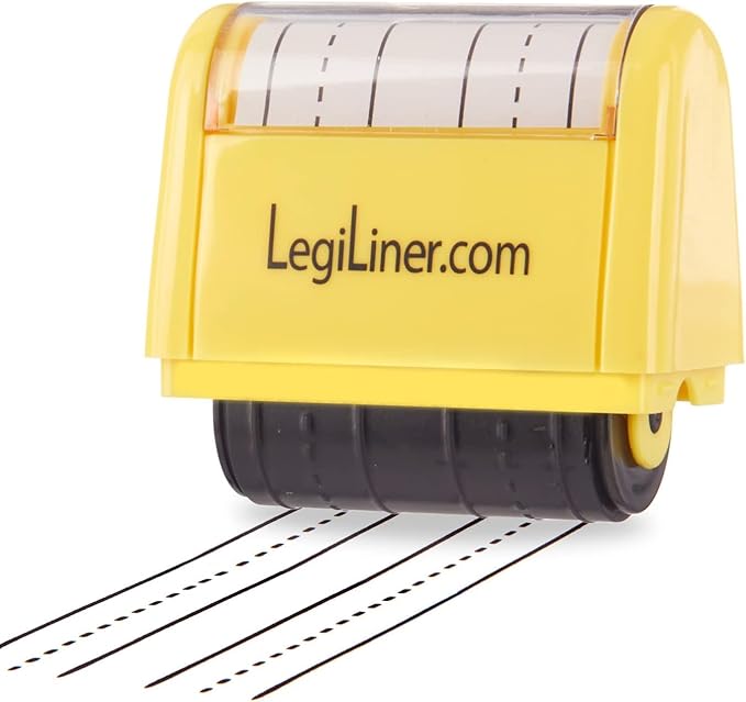LEGILINER 1/2" Double Stack Dashed Handwriting Line (Yellow) Teacher Stamp – Two Tri-Line Dashed Patterns. Classroom & Home Use. Refillable Ink Writing Practice Double Line Roller Stamp.
