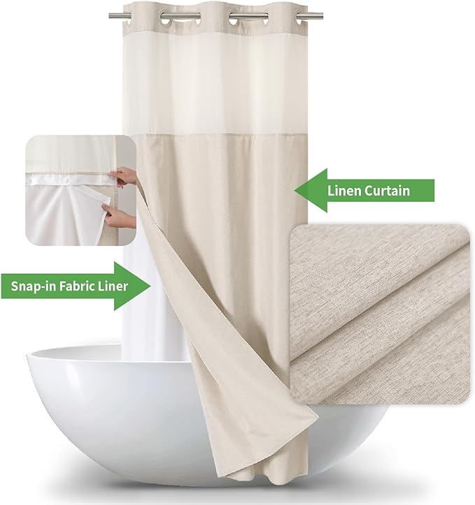 Stall No Hooks Needed Linen Textured Shower Curtain with Snap-in Fabric Liner Set,Hotel Luxury Decor Shower Curtains for Bathroom,Waterproof & Washable,48Wx74H,Cream