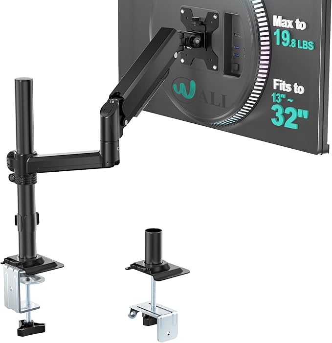 WALI Single Monitor Arm 13-32 Inch, Single Monitor Mount, Vesa Desk Mount up to 19.8lbs Gas Spring Arm with Clamp, VESA 75x75mm or 100x100mm Compatibility(GSDM001), Black